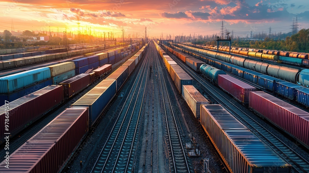A stunning sunset view over a bustling freight yard with colorful cargo containers and gleaming railway tracks. A stunning sunset view over a bustling freight yard with colorful cargo containers and gleaming railway tracks.