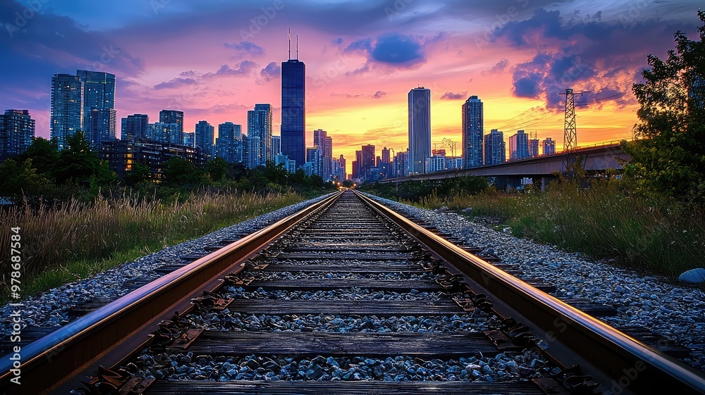 Fototapeta premium A stunning sunset view over a city skyline from the perspective of a railway track, blending nature and urban life.