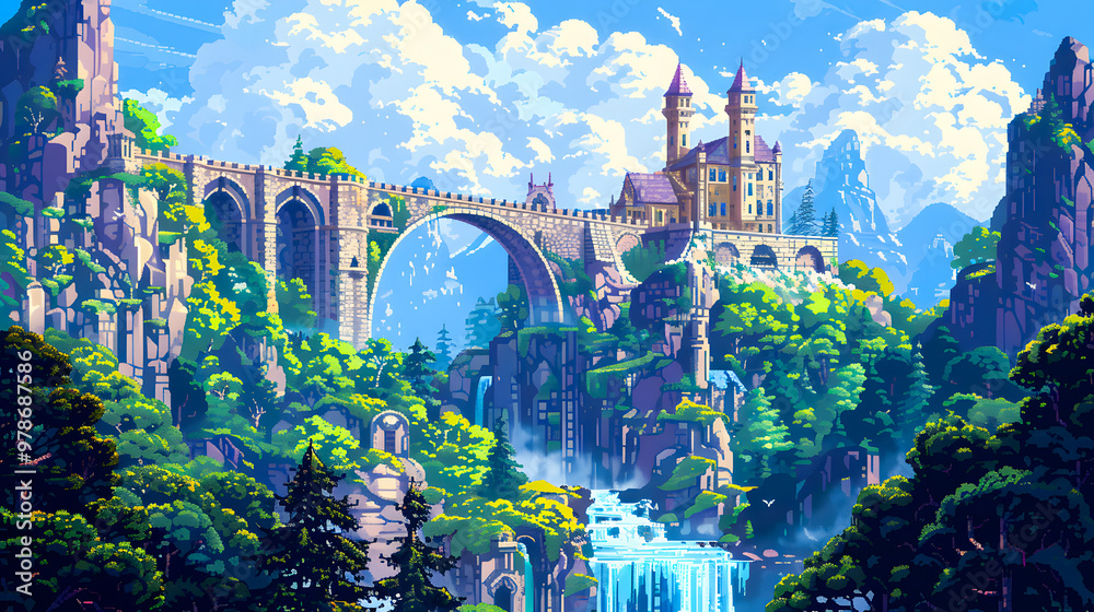 Fototapeta premium Colorful 16-bit pixel art castle perched atop an arch bridge with a scenic backdrop