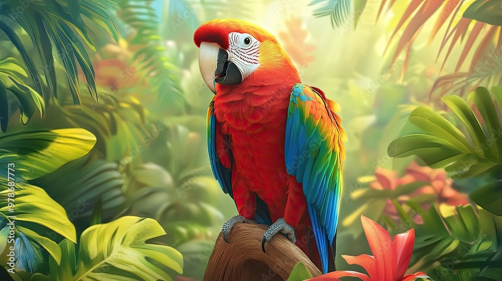 Fototapeta premium A parrot standing on a perch with a tropical background, showcasing its vibrant colors.