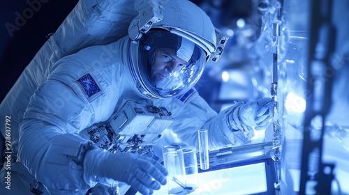 Microgravity experiments aboard the International Space Station, astronauts conducting fluid dynamics research, floating test tubes and equipment, zero-gravity environment