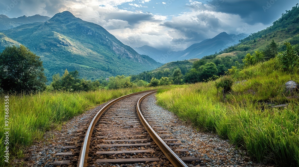 Fototapeta premium A tranquil railway track meanders through lush green fields and majestic mountains under a dramatic sky.