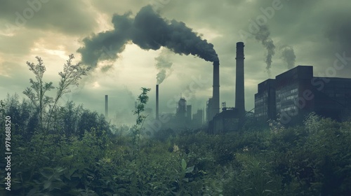 A polluted industrial landscape where plants attempt to grow, with smokestacks in the background.