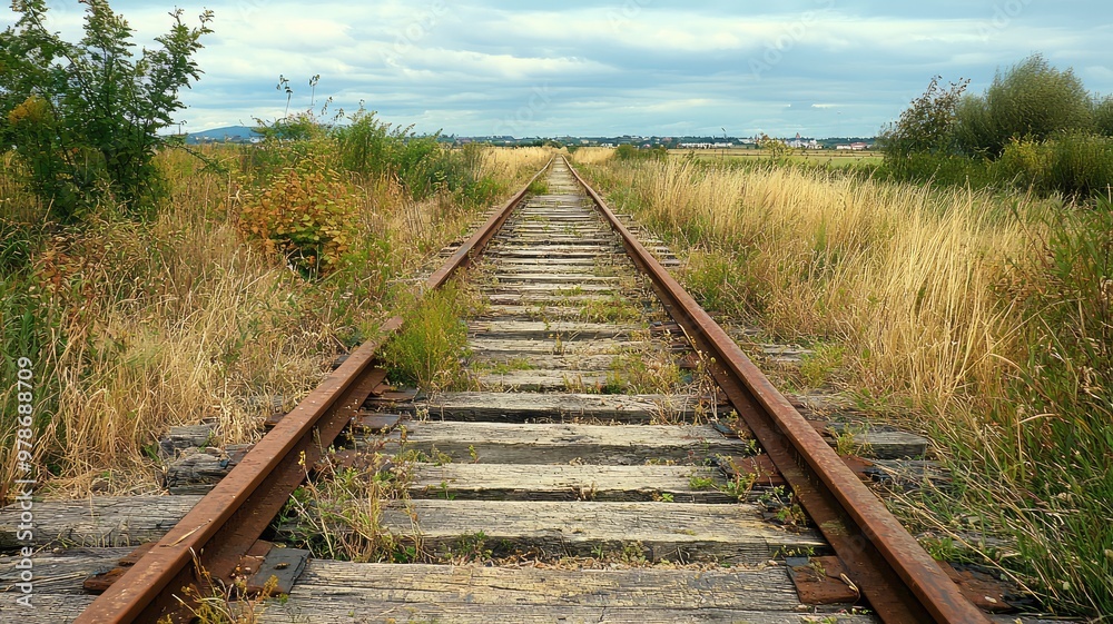 A tranquil view of abandoned railway tracks stretching into the distance, framed by golden grass and a cloudy sky. A tranquil view of abandoned railway tracks stretching into the distance, framed by golden grass and a cloudy sky.