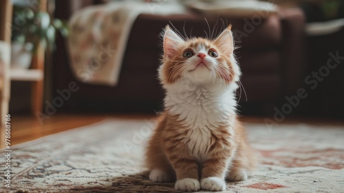 Munchkin cat sitting on a rug, short legs and fluffy fur, looking up with a curious expression, cozy home setting