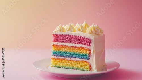 A vibrant slice of rainbow cake with colorful layers and cream frosting, perfect for celebrations and dessert lovers.