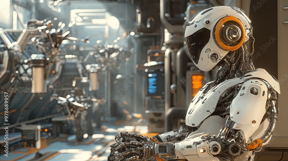 A robot performing tasks in a futuristic factory, with advanced machinery and drones in the background. A robot performing tasks in a futuristic factory, with advanced machinery and drones in the background.
