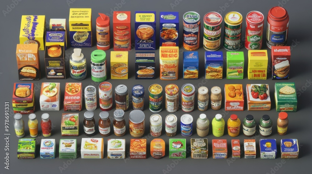 A collection of various packaged food items arranged neatly for display. A collection of various packaged food items arranged neatly for display.