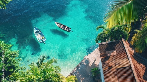 Aerial view of tranquil turquoise waters with boats and lush greenery, perfect for travel and relaxation themes. photo