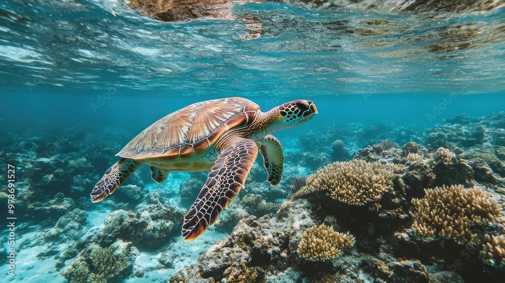 A sea turtle swimming near the coral reefs in the Maldives clear waters. A sea turtle swimming near the coral reefs in the Maldives clear waters.