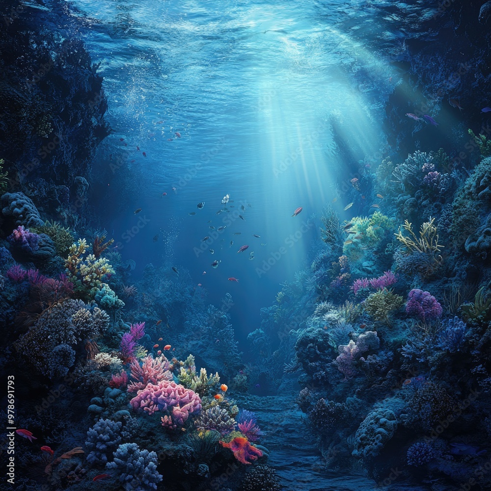 Naklejka premium A serene underwater view of deep blue waters, surrounded by soft coral, and various species of fish moving in harmony
