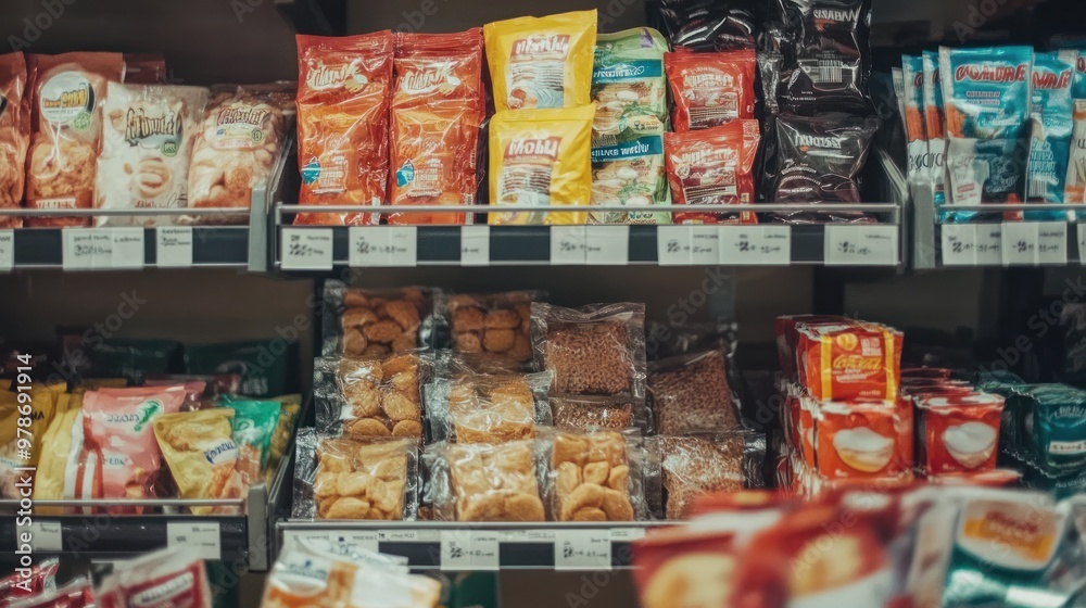 A grocery shelf displaying various packaged snacks and food items. A grocery shelf displaying various packaged snacks and food items.