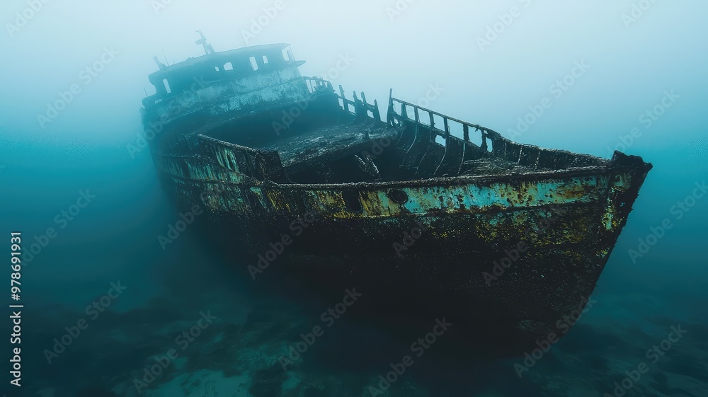 An eerie view of a sunken ship under murky waters, showcasing nature's reclamation of man-made structures. An eerie view of a sunken ship under murky waters, showcasing nature's reclamation of man-made structures.
