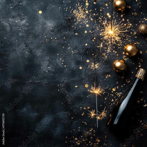 Elegant New Year Celebration Flat Lay with Sparklers and Party Decor on Slate Grey Background photo