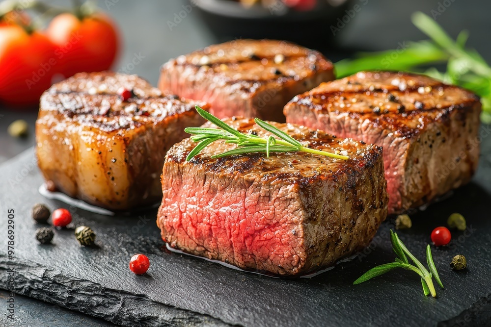 Grilled steak fillets with herbs and spices on slate plate Grilled steak fillets with herbs and spices on slate plate
