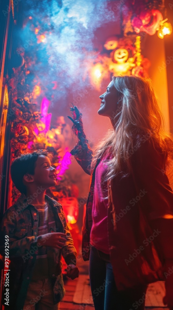 A woman standing next to a boy in a room A woman standing next to a boy in a room