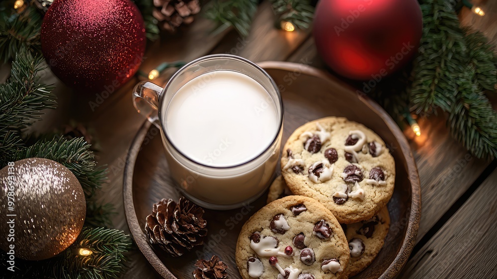 Christmas cookies and milk on a wooden table, surrounded by festive decorations and pine branches, perfect for holiday treats. Christmas cookies and milk on a wooden table, surrounded by festive decorations and pine branches, perfect for holiday treats.