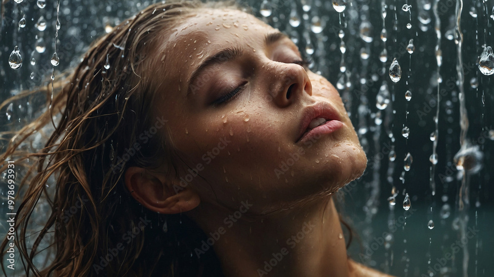 Obraz premium Close-up shot of a stunning woman with droplets of water adorning her skin