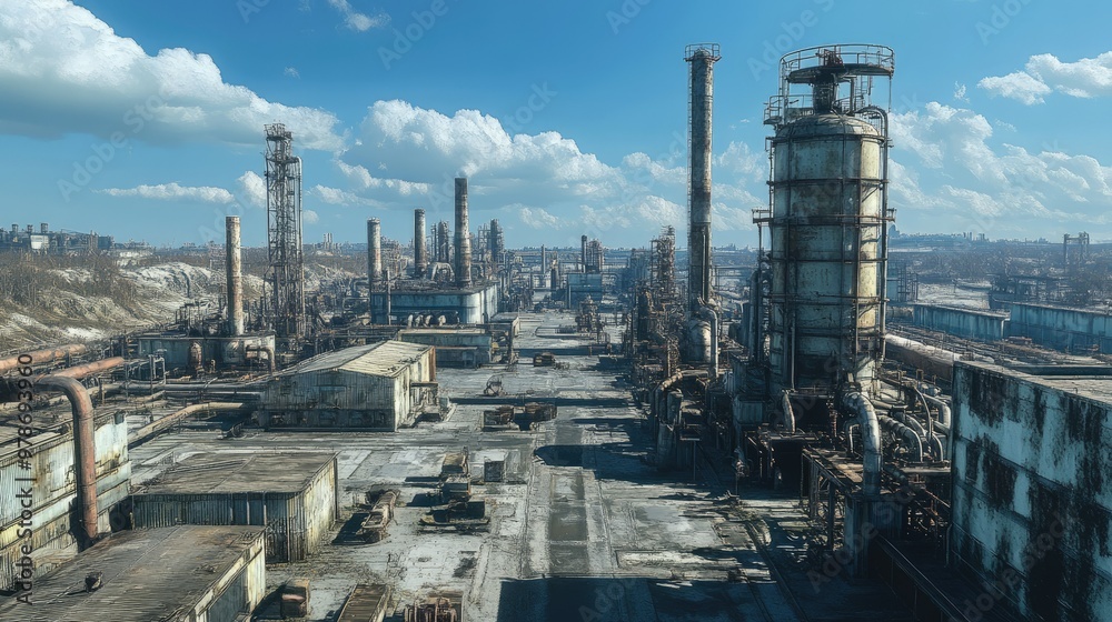 A sprawling factory park with machinery, pipes, and storage tanks, with a blue sky in the background. A sprawling factory park with machinery, pipes, and storage tanks, with a blue sky in the background.