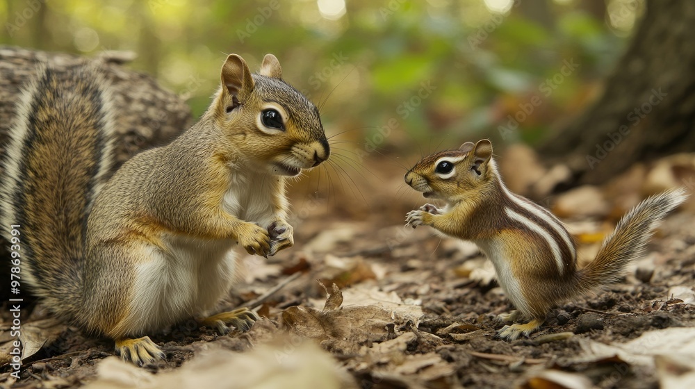 Obraz premium A squirrel and a chipmunk interacting in a woodland setting, showing their social behavior.