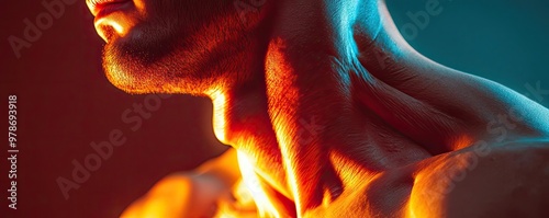 Close-up of a muscular neck with dramatic lighting, showcasing strength and vitality in a contemporary artistic style.