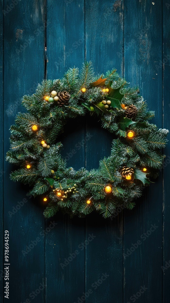 Festive Christmas Flat Lay with Wreath and Glowing Lights on Dark Rustic Wood Table