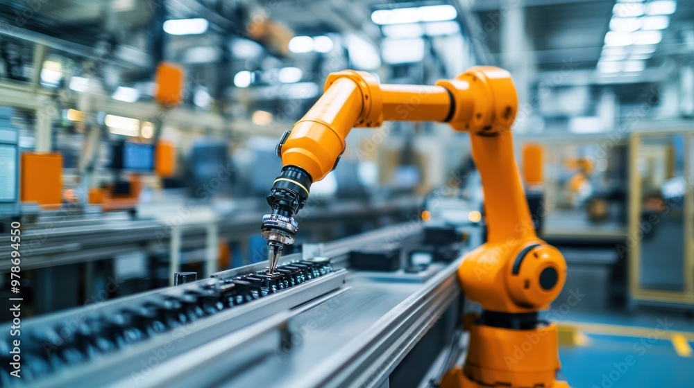 Overview of a high-tech factory, integration of automation and robotics in the production process, focus on advanced technology Overview of a high-tech factory, integration of automation and robotics in the production process, focus on advanced technology