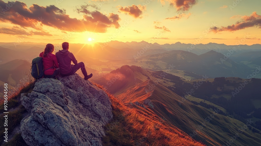 Fototapeta premium Couple enjoying a stunning sunset view from the mountains, capturing the beauty of nature and adventure.