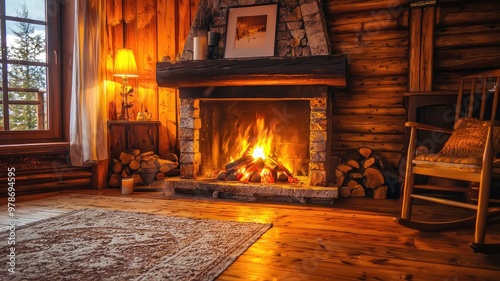 Cozy cabin interior with a warm fireplace, glowing wood, and rustic decor, creating a perfect atmosphere for relaxation. photo