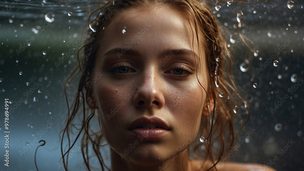 Close-up shot of a stunning woman with droplets of water adorning her skin Close-up shot of a stunning woman with droplets of water adorning her skin