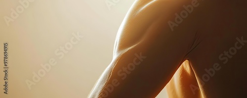 Close-up of a muscular arm highlighting strength and elegance in soft natural light.
