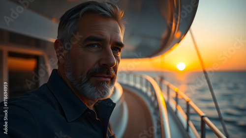 Create a portrait of a middle-aged man standing on the deck of a yacht at sunset. 
