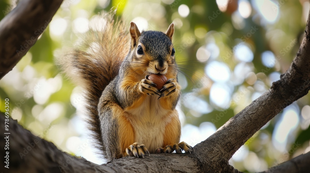 A squirrel sitting on a tree branch, nibbling on a nut, with its bushy tail wrapped around. A squirrel sitting on a tree branch, nibbling on a nut, with its bushy tail wrapped around.