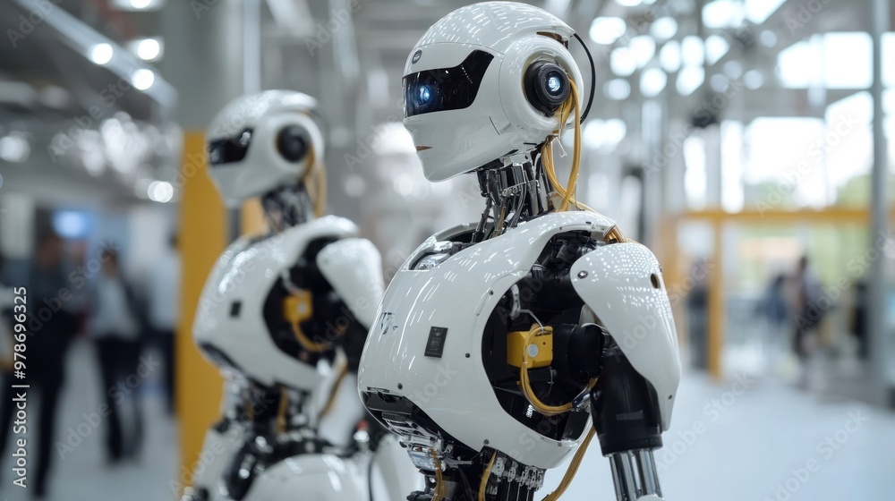 Fototapeta premium Scene of robotics in industry, integration of automation with human expertise, emphasis on efficiency and precision