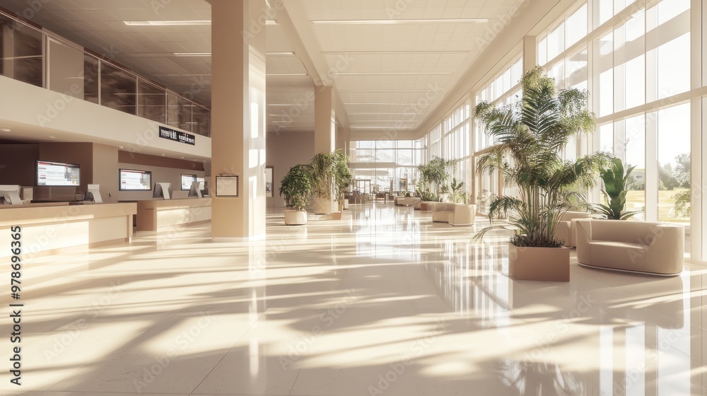 A spacious, modern lobby with large windows, plants, and reception desks. A spacious, modern lobby with large windows, plants, and reception desks.