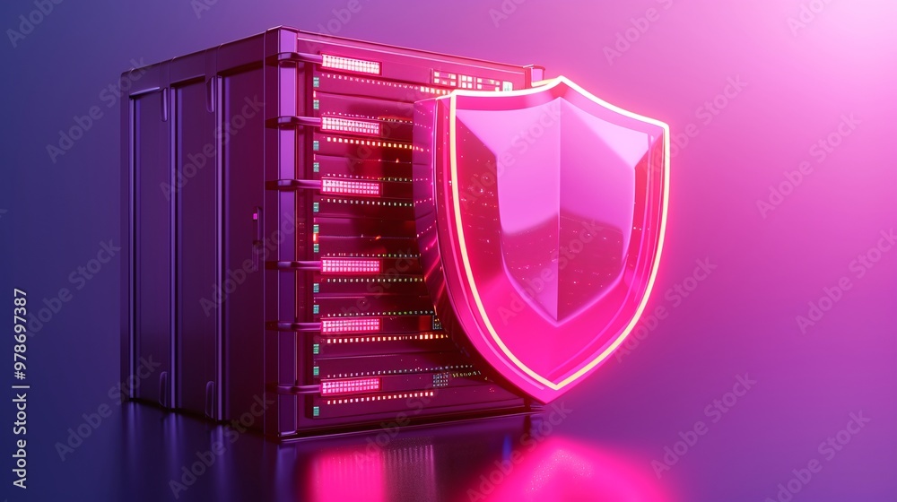 A digital secure server with a glowing shield symbolizing cybersecurity and data protection in a modern environment. A digital secure server with a glowing shield symbolizing cybersecurity and data protection in a modern environment.