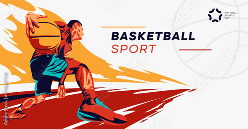 Illustration a basketball player in grunge style. Male basketball athlete dribbling the ball, this design has the concept of celebrating a basketball game. National sports day celebration