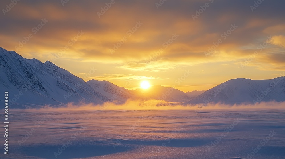 A sunrise over the snowy mountains of Oymyakon, casting a golden light on the frozen landscape. A sunrise over the snowy mountains of Oymyakon, casting a golden light on the frozen landscape.