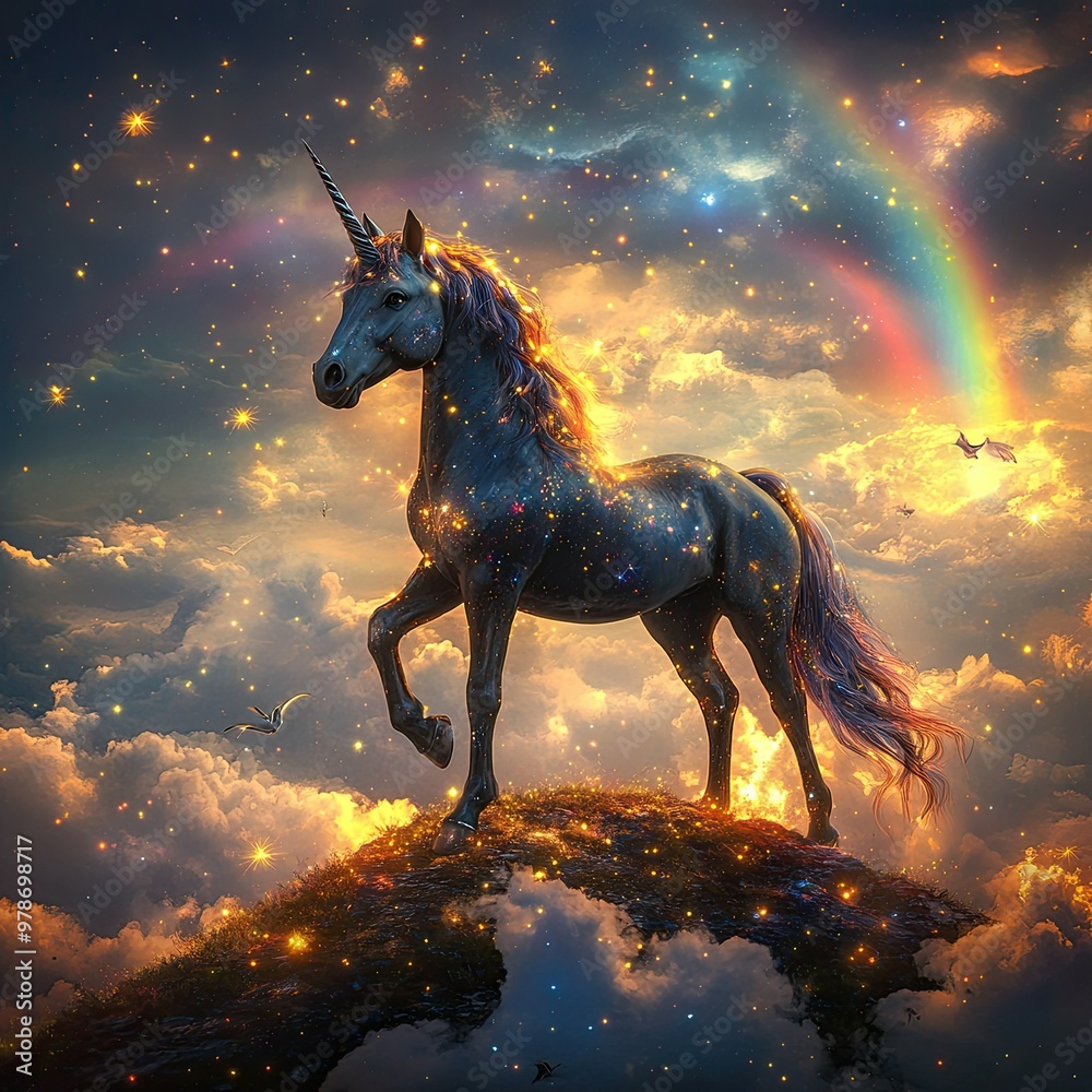 A surreal, vibrant unicorn standing on a hill under a rainbow, surrounded by glowing clouds and sparkling lights A surreal, vibrant unicorn standing on a hill under a rainbow, surrounded by glowing clouds and sparkling lights