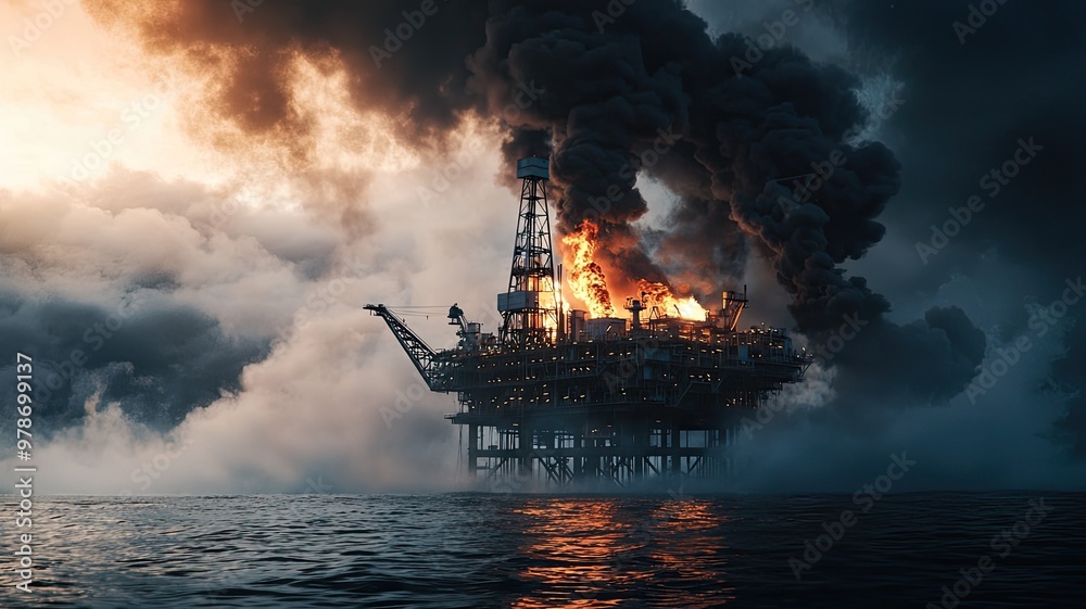 Fototapeta premium Dramatic scene of an offshore oil rig engulfed in flames, surrounded by dark clouds and smoke, highlighting the dangers of oil extraction.