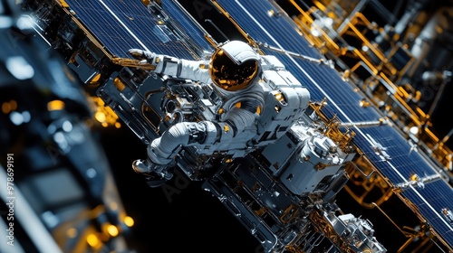 Space exploration robotics deploying a solar array on a space station, intricate details and seamless operations, futuristic and innovative photo