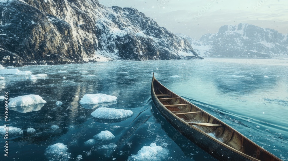 Fototapeta premium A traditional Greenlandic kayak navigating through icy waters, with snow-covered cliffs in the background.