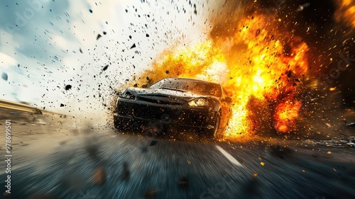 Dynamic image of a car racing away from a massive explosion, capturing action and intensity on a highway. photo