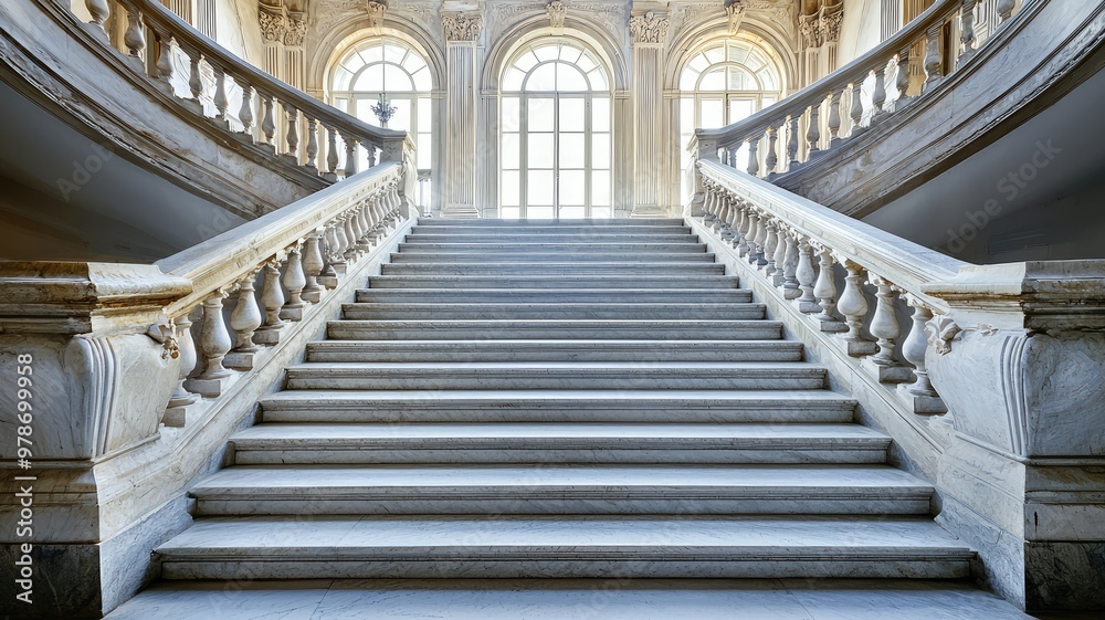 Obraz premium Elegant marble staircase with intricate railing and large windows, showcasing timeless architectural beauty and sophistication.