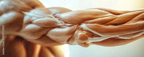 Close-up of a muscular arm showing detailed anatomy, highlighting strength and fitness in a dynamic pose.