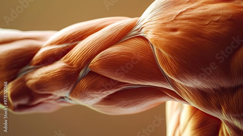 Detailed close-up of human muscle anatomy, showcasing intricate fibers and definition, emphasizing strength and physical fitness.
