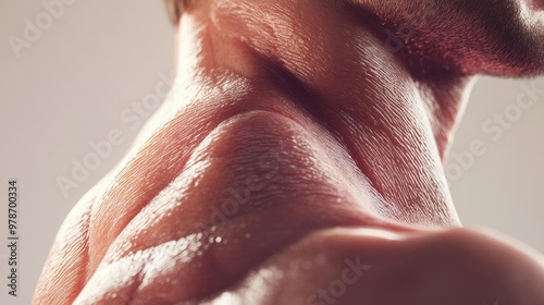 Close-up of a muscular shoulder showcasing defined muscle structure and glistening skin. Ideal for fitness and health themes.