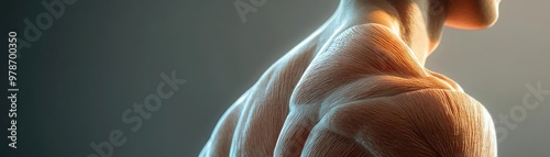 Close-up of a muscular back, highlighting the intricate anatomy and strength of human muscles in soft lighting.