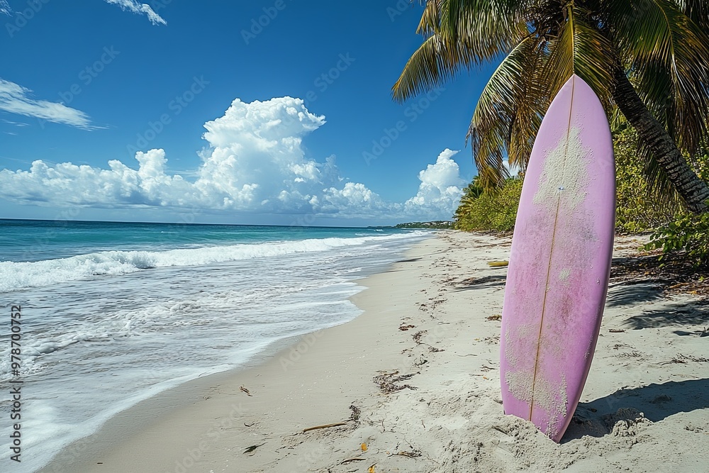 A pink surfboard stands on a sandy beach under vibrant clouds in a tropical paradise along the coastline. Generative AI A pink surfboard stands on a sandy beach under vibrant clouds in a tropical paradise along the coastline. Generative AI