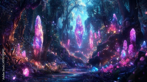 A vibrant enchanted forest filled with glowing fairies, unicorns, and sparkling magical crystals.